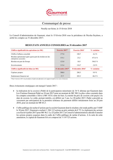 Miniature Gaumont SA Rapport financier 2017