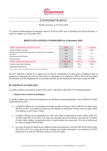 Miniature Gaumont SA Rapport financier 2018