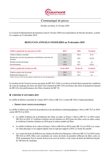 Miniature Gaumont SA Rapport financier 2019