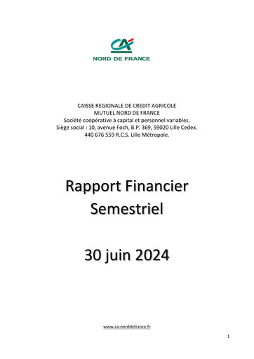 Miniature Caisse Régionale de Crédit Agricole Mutuel Nord de France Rapport semestriel 2024-h1