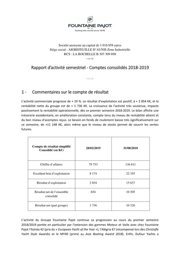 Miniature Fountaine Pajot Rapport semestriel 2018-2019