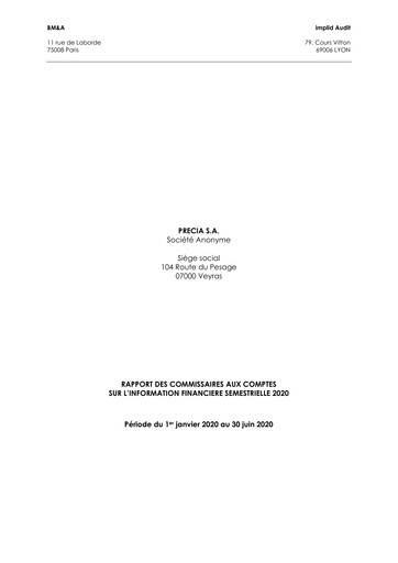Miniature Precia S.A. Rapport semestriel 2020-h1