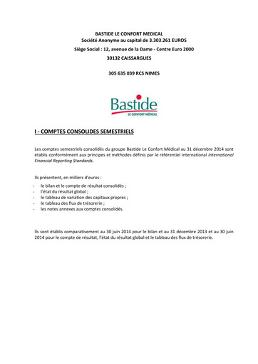 Miniature Bastide Le Confort Médical Rapport semestriel 2014-h2
