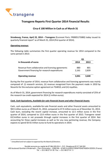 Thumbnail Transgene SA Quarterly Report 2014-q1