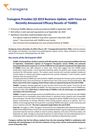 Thumbnail Transgene SA Quarterly Report 2019-q3