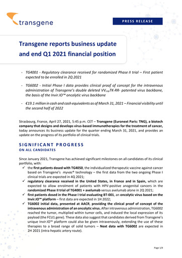 Thumbnail Transgene SA Quarterly Report 2021-q1