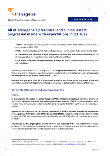 Thumbnail Transgene SA Quarterly Report 2022-q1
