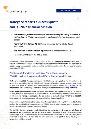 Thumbnail Transgene SA Quarterly Report 2022-q3