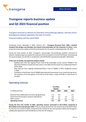 Thumbnail Transgene SA Quarterly Report 2023-q3