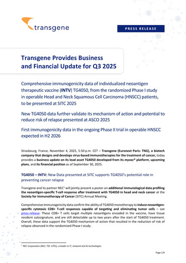Thumbnail Transgene SA Quarterly Report 2025-q3