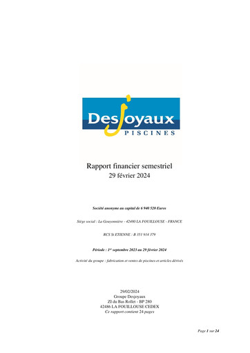 Thumbnail Piscines Desjoyaux Half-year Report 2023-2024