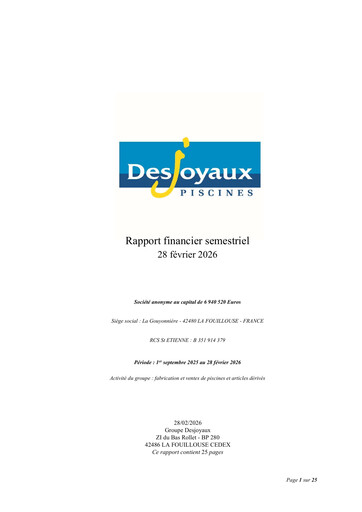 Thumbnail Piscines Desjoyaux Half-year Report 2025-2026