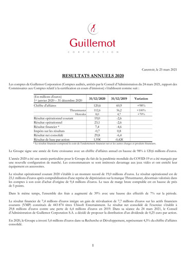 Thumbnail Guillemot Corporation Financial Report 2020