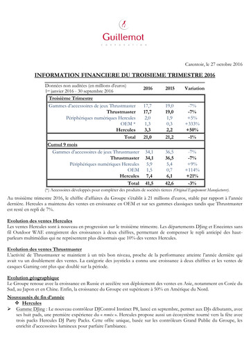 Miniature Guillemot Corporation Rapport trimestriel 2016-q3