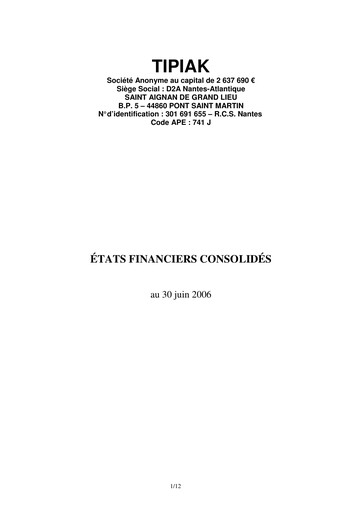 Miniature Tipiak Rapport semestriel 2006-h1