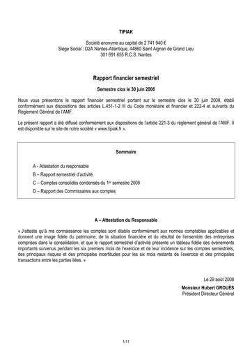 Miniature Tipiak Rapport semestriel 2008-h1