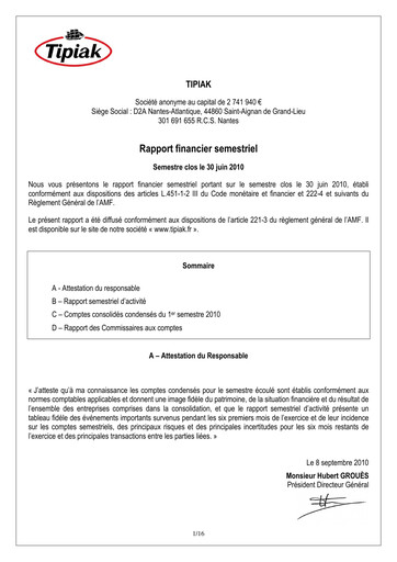 Miniature Tipiak Rapport semestriel 2010-h1