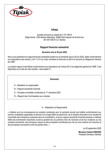 Miniature Tipiak Rapport semestriel 2022-h1