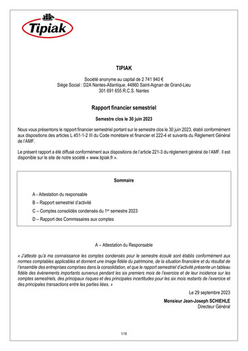 Miniature Tipiak Rapport semestriel 2023-h1