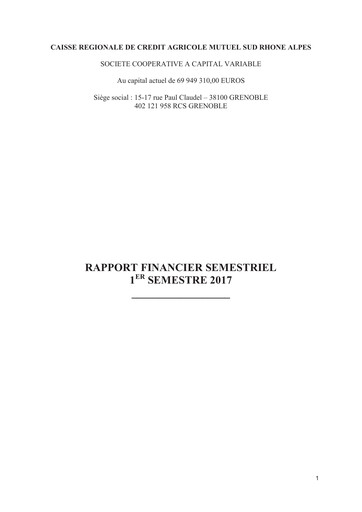 Thumbnail Caisse Régionale de Crédit Agricole Mutuel Sud Rhône Alpes Half-year Report 2017-h1