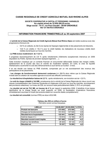 Thumbnail Caisse Régionale de Crédit Agricole Mutuel Sud Rhône Alpes Quarterly Report 2007-q3