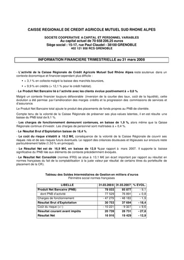 Thumbnail Caisse Régionale de Crédit Agricole Mutuel Sud Rhône Alpes Quarterly Report 2008-q1