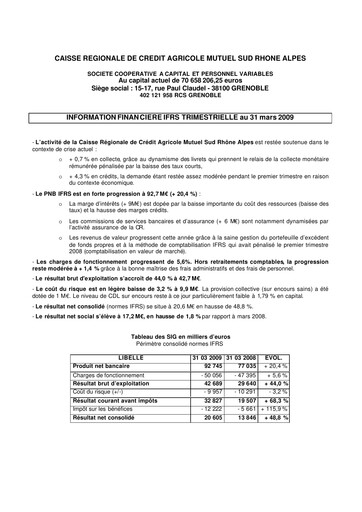 Thumbnail Caisse Régionale de Crédit Agricole Mutuel Sud Rhône Alpes Quarterly Report 2009-q1