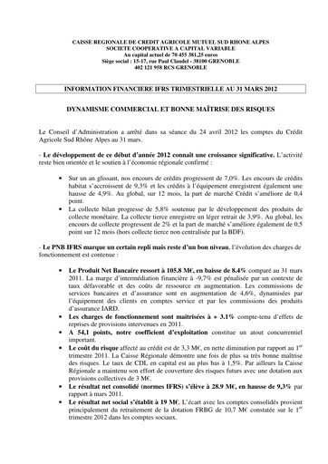 Thumbnail Caisse Régionale de Crédit Agricole Mutuel Sud Rhône Alpes Quarterly Report 2012-q1