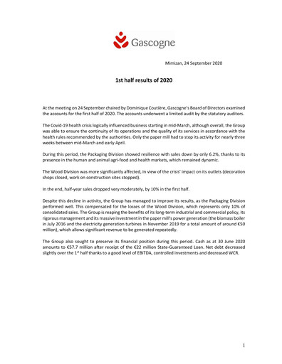 Thumbnail Gascogne Groupe Half-year Report 2020-h1