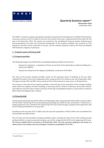 Miniature Paref SA Rapport trimestriel 2014-q3