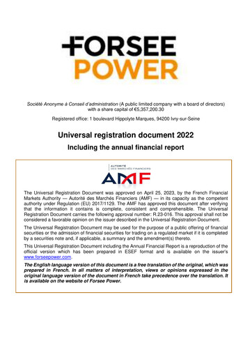 Thumbnail Forsee Power Universal Registration Document 2022