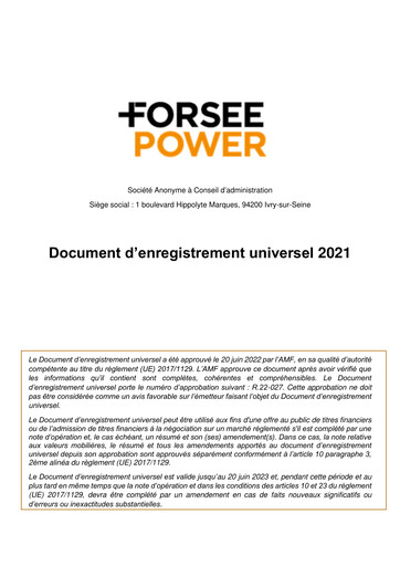 Thumbnail Forsee Power Universal Registration Document 2021