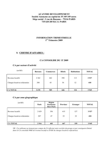 Thumbnail Acanthe Développement Quarterly Report 2009-q1