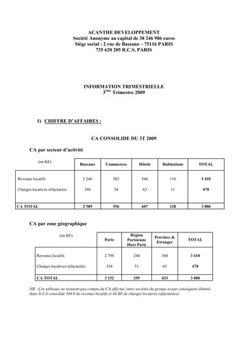 Thumbnail Acanthe Développement Quarterly Report 2009-q3
