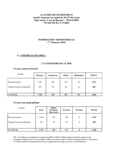 Thumbnail Acanthe Développement Quarterly Report 2010-q1