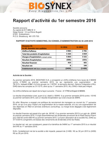 Thumbnail Biosynex Half-year Report 2016-h1