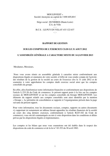 Miniature Moulinvest Rapport financier 2012