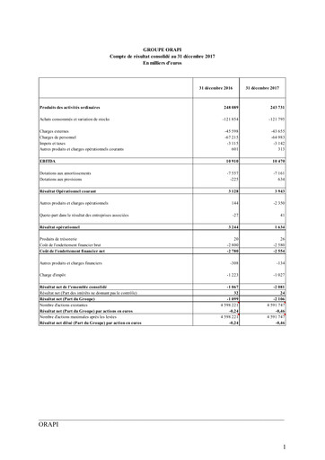 Thumbnail Orapi SA Financial Statement 2017