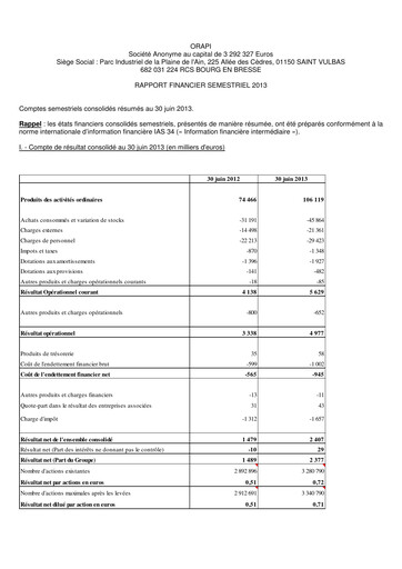 Thumbnail Orapi SA Half-year Report 2013-h1
