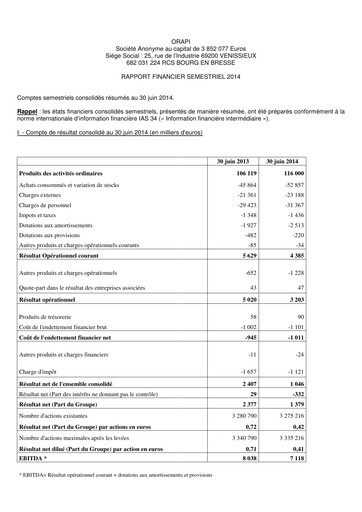Thumbnail Orapi SA Half-year Report 2014-h1