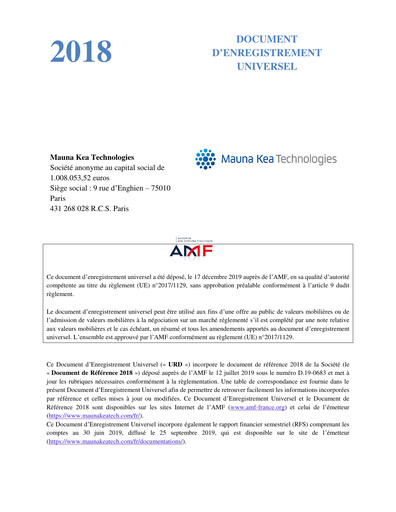 Thumbnail Mauna Kea Technologies Universal Registration Document 2018