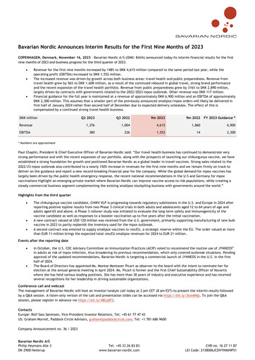 Thumbnail Bavarian Nordic Quarterly Report 2023-q3