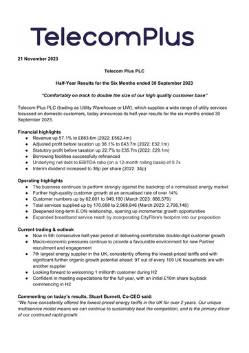 Miniature Telecom Plus PLC Rapport semestriel fy2024-h1