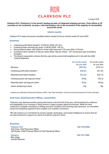 Thumbnail Clarkson PLC Half-year Report 2025-h1
