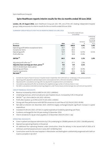 Thumbnail Spire Healthcare Group Half-year Report 2016-h1
