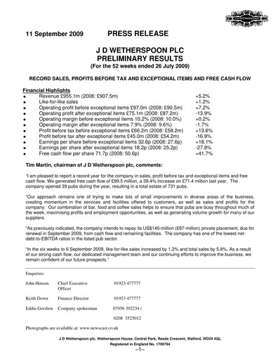 Thumbnail J D Wetherspoon Financial Report 2009
