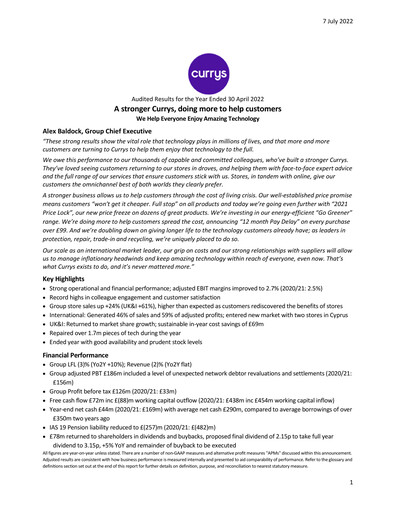 Miniature Currys plc Rapport financier 2021-2022