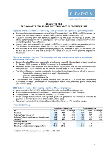 Thumbnail Elementis Financial Report 2022