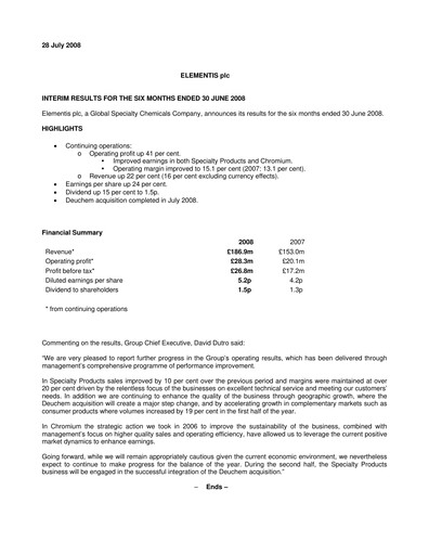 Thumbnail Elementis Half-year Report 2008-h1