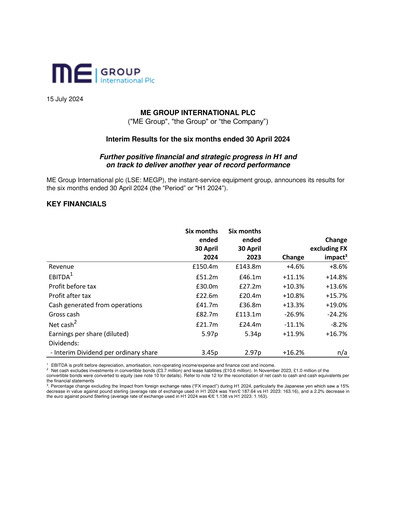 Miniature ME Group International Rapport semestriel 2024-h1